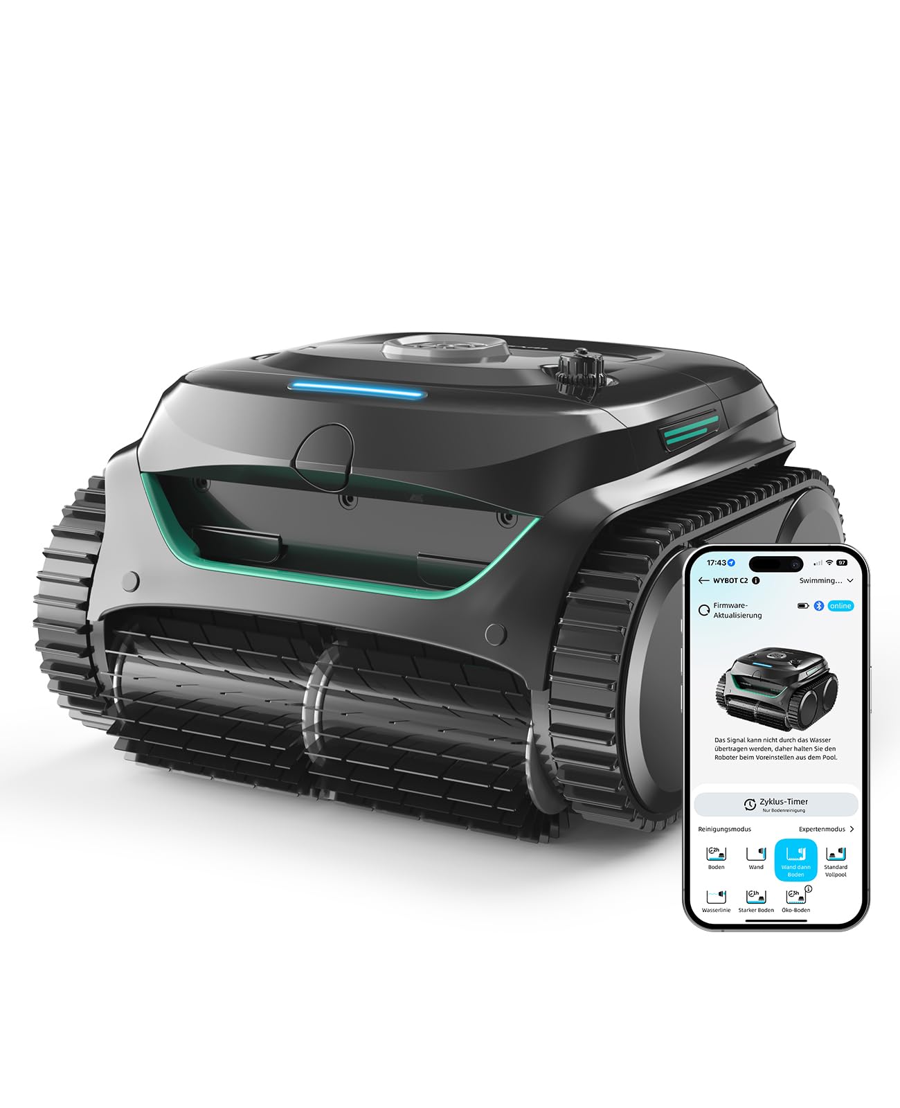 WYBOT C2 – Poolroboter mit Akku, 3 Motoren, 180 Min Laufzeit, Doppelfilter, App, Reinigt Boden, Wand & Wasserlinie bis 150 m²