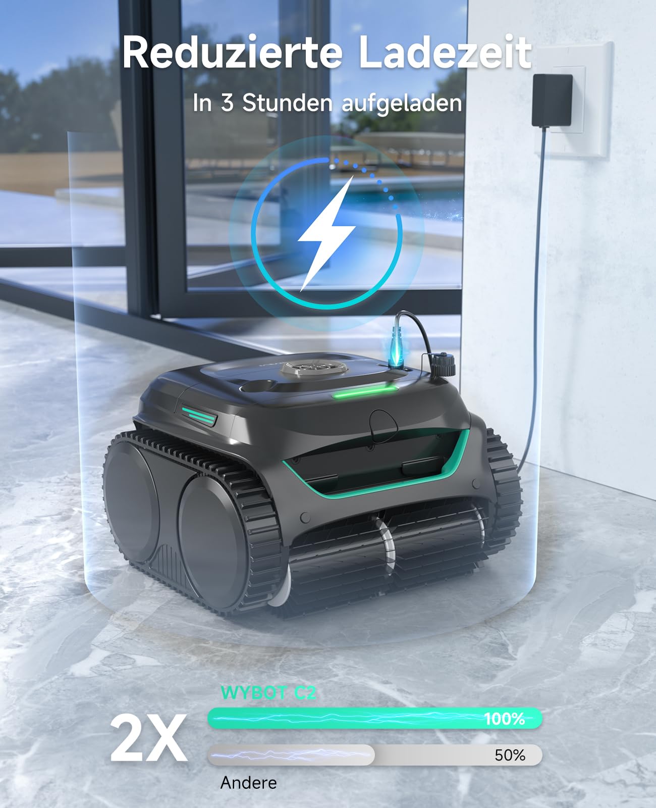 WYBOT C2 – Poolroboter mit Akku, 3 Motoren, 180 Min Laufzeit, Doppelfilter, App, Reinigt Boden, Wand & Wasserlinie bis 150 m²