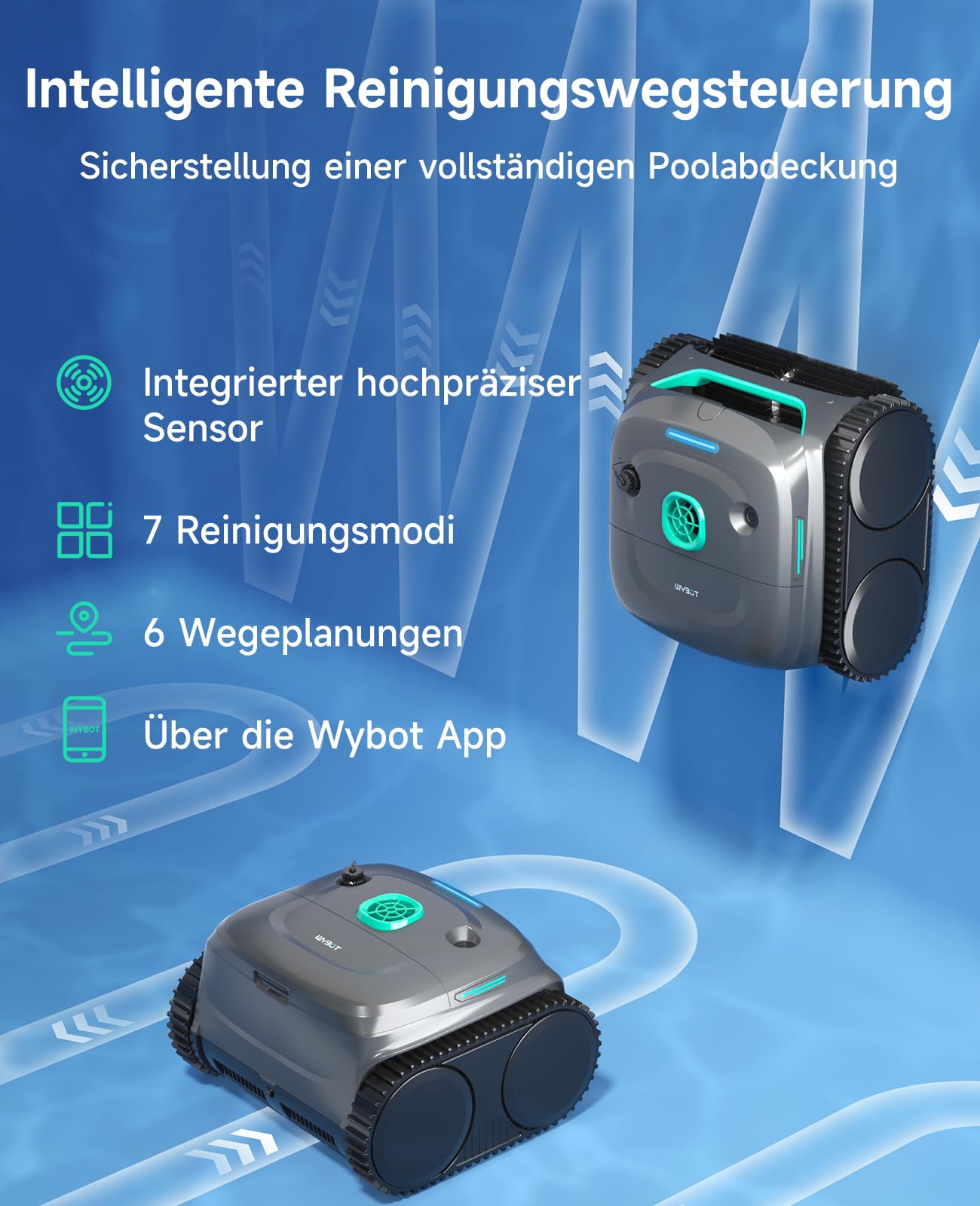WYBOT C2 – Poolroboter mit Akku, Boden & Wand, Für Einbaupools bis 150 m², 3 Motoren, Doppelfilter, 181 Min Laufzeit, App-Steuerung