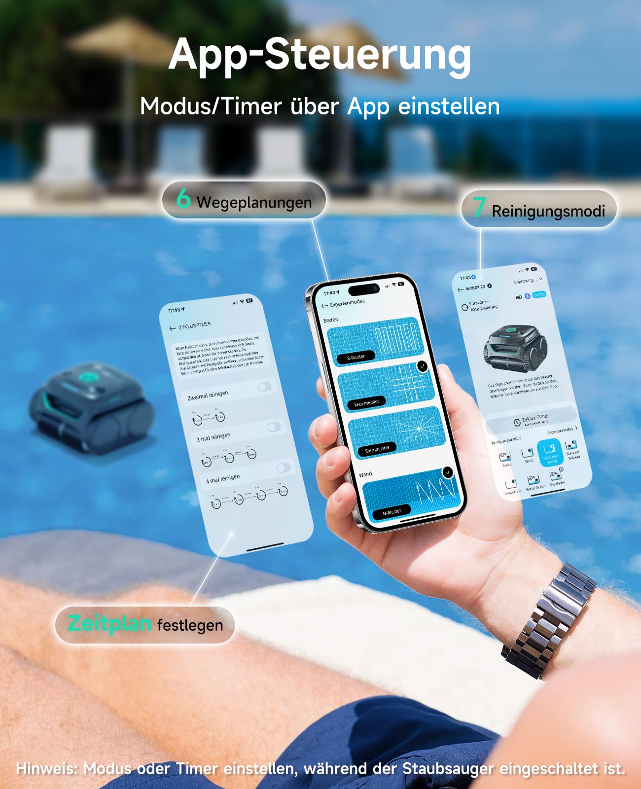 WYBOT C2 – Poolroboter mit Akku, Boden & Wand, Für Einbaupools bis 150 m², 3 Motoren, Doppelfilter, 183 Min Laufzeit, App-Steuerung
