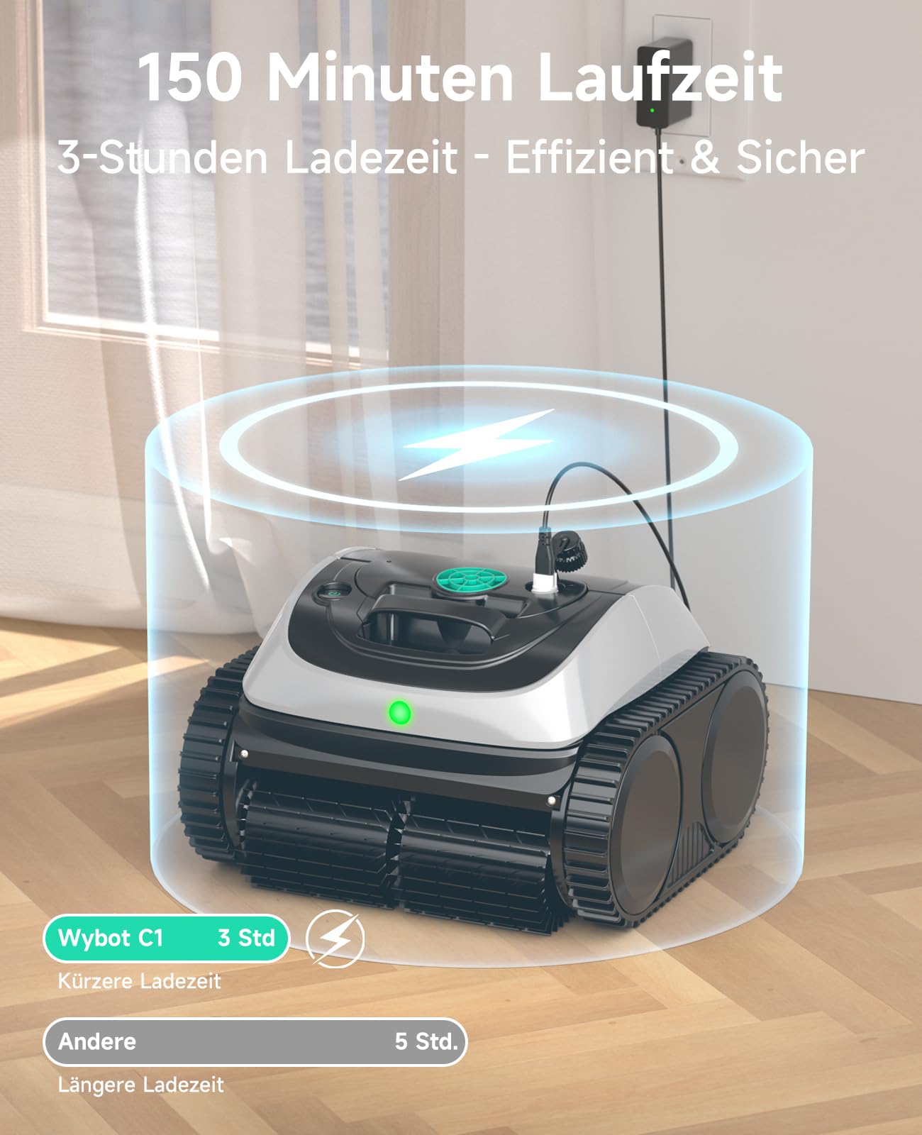 WYBOT C1 – Kabelloser Poolroboter, 150 Min Laufzeit, Intelligente Routenplanung, Reinigt Boden, Wand & Wasserlinie bis 150 m²