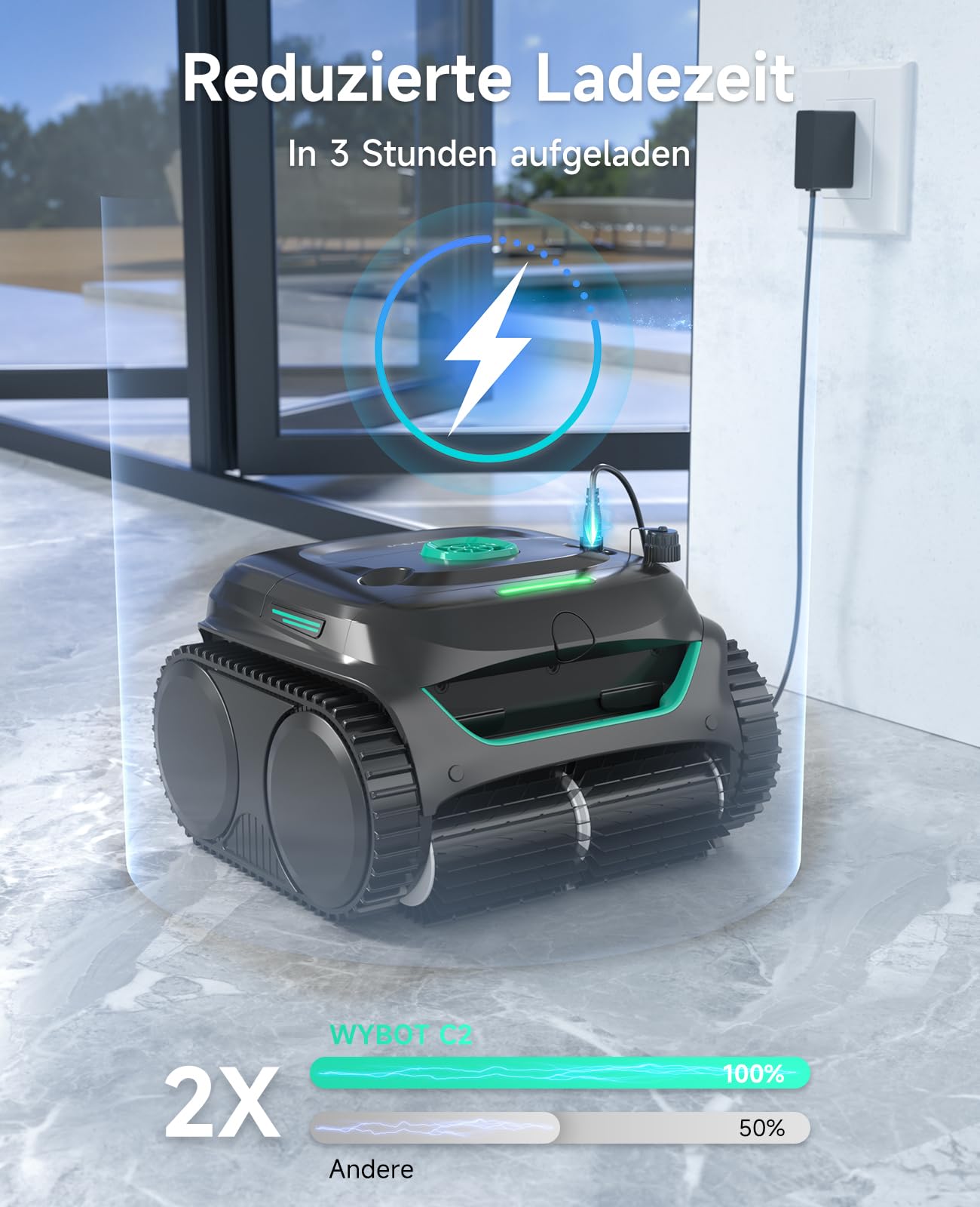WYBOT C2 – Poolroboter mit Akku, Boden & Wand, Für Einbaupools bis 150 m², 3 Motoren, Doppelfilter, 183 Min Laufzeit, App-Steuerung
