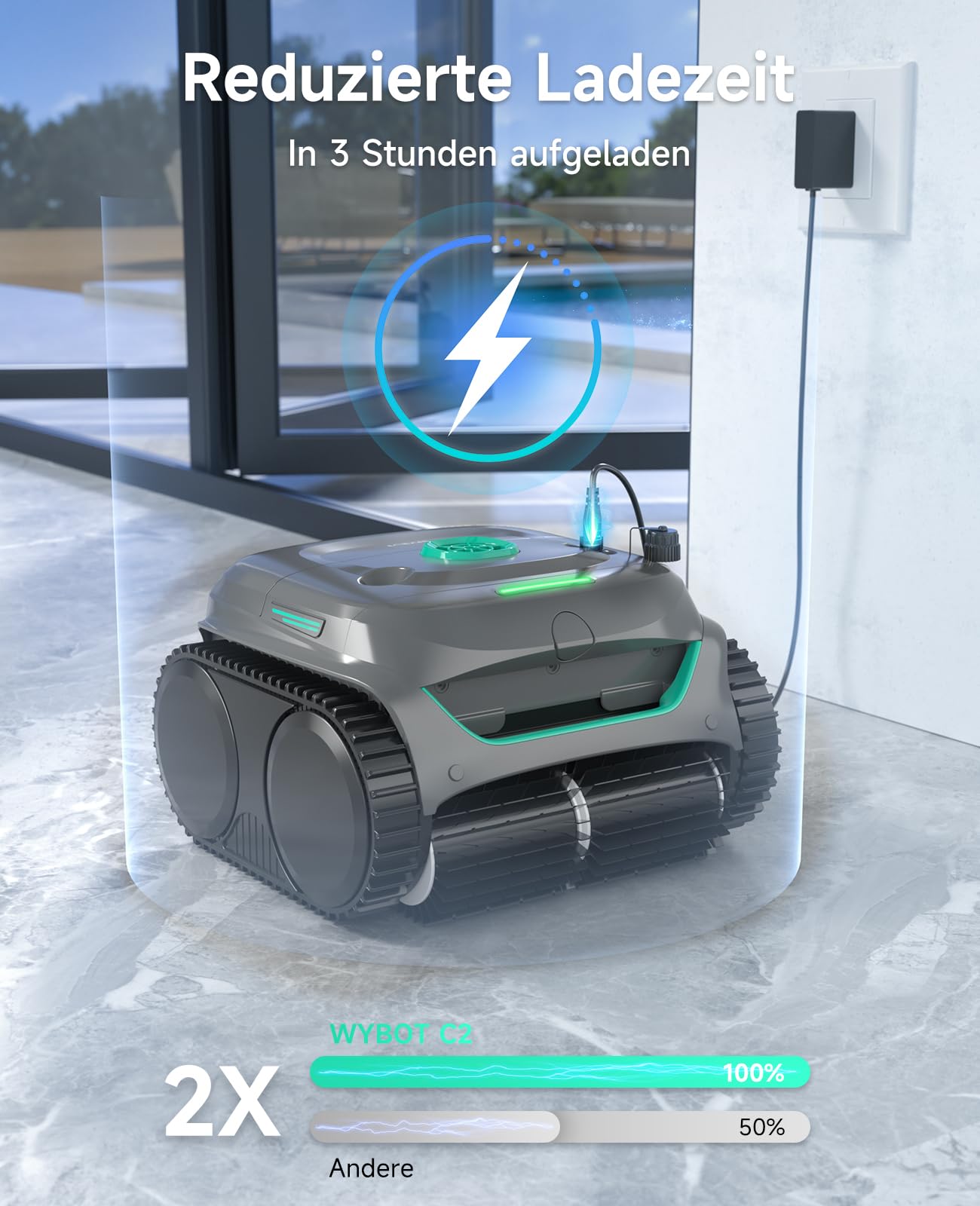 WYBOT C2 – Poolroboter mit Akku, Boden & Wand, Für Einbaupools bis 150 m², 3 Motoren, Doppelfilter, 181 Min Laufzeit, App-Steuerung