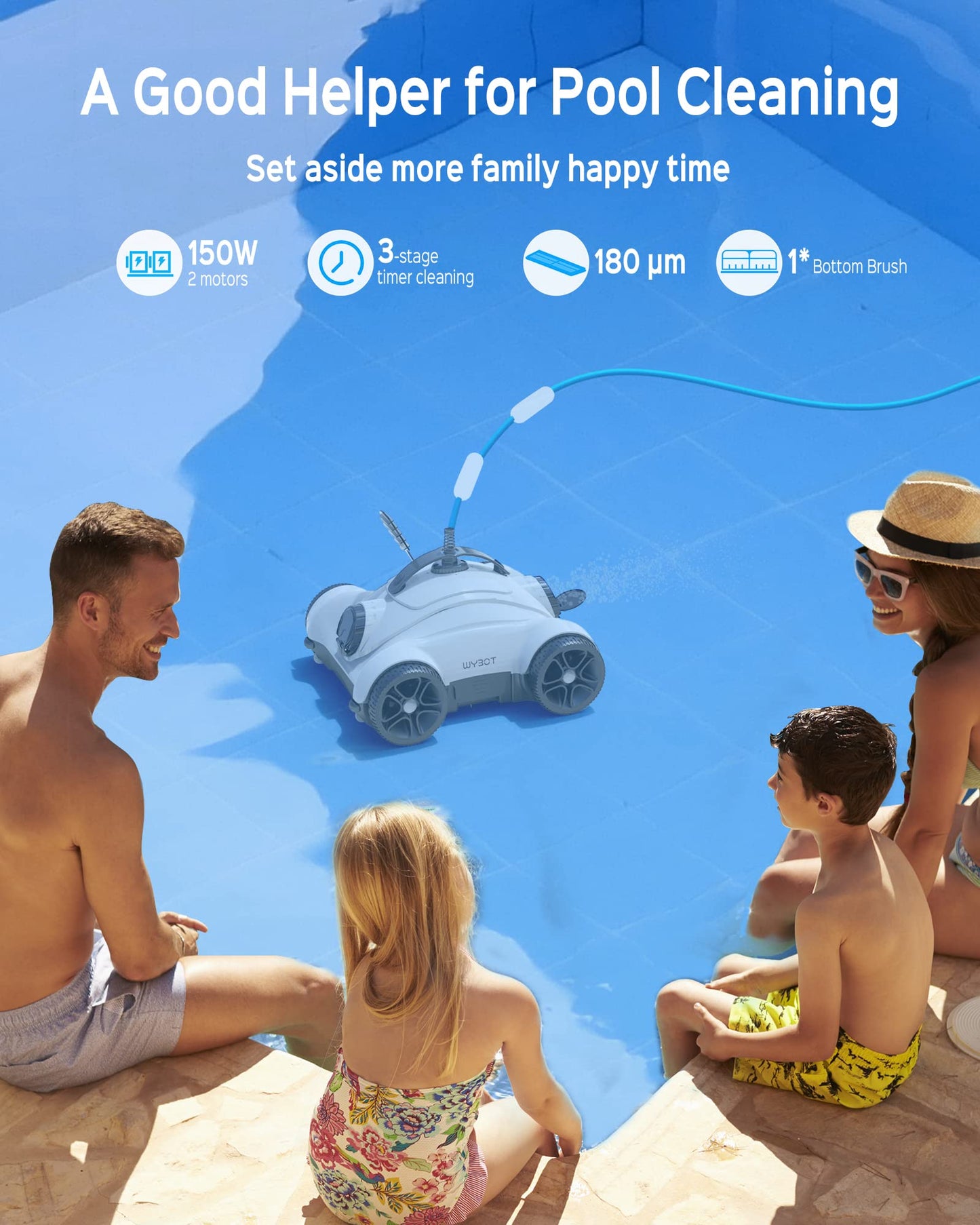 WYBOT Grampus 400 – Poolroboter mit 150W Saugkraft, 2 Motoren, 3 Modi, Einstellbare Düsen, Für Flachbodenpools