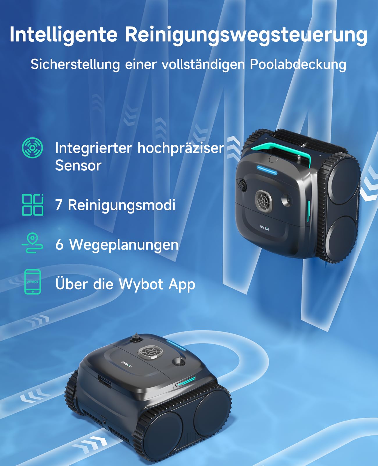 WYBOT C2 – Poolroboter mit Akku, 3 Motoren, 180 Min Laufzeit, Doppelfilter, App, Reinigt Boden, Wand & Wasserlinie bis 150 m²