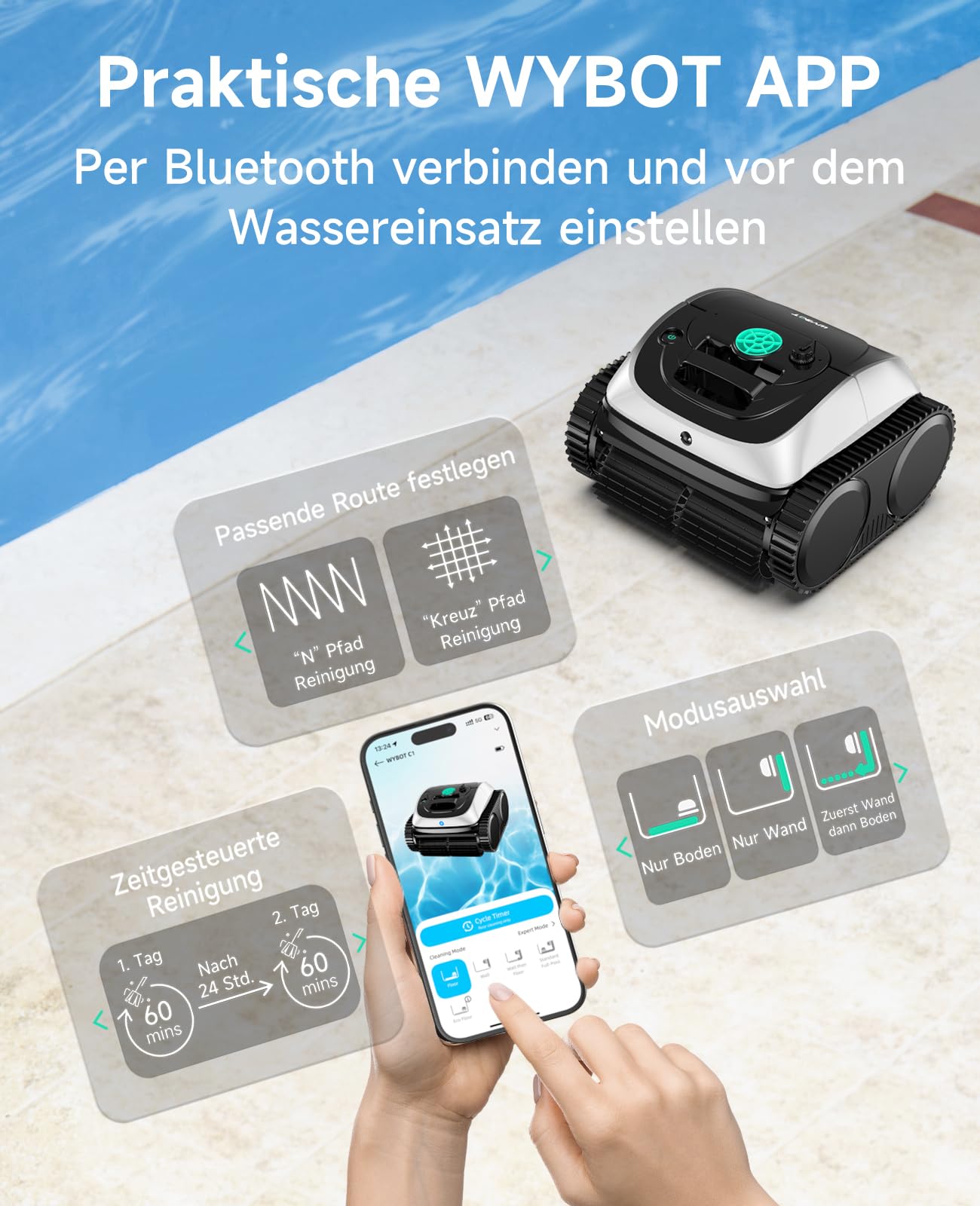WYBOT C1 – Kabelloser Poolroboter, 150 Min Laufzeit, Intelligente Routenplanung, Reinigt Boden, Wand & Wasserlinie bis 150 m²