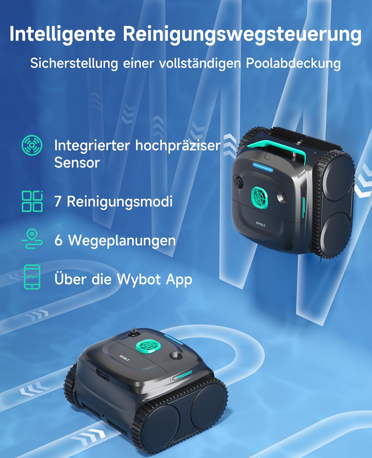 WYBOT C2 – Poolroboter mit Akku, Boden & Wand, Für Einbaupools bis 150 m², 3 Motoren, Doppelfilter, 183 Min Laufzeit, App-Steuerung