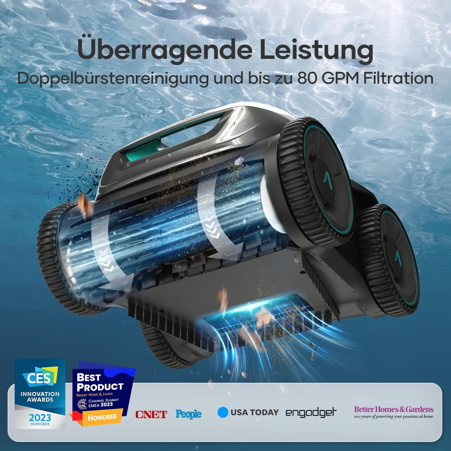AIPER ZT6002 – Kabelloser Poolroboter, Quad-Motor, 3 Modi, WavePath Navigation, Wandklettern, Für Boden- & Wandreinigung bis 150 m²