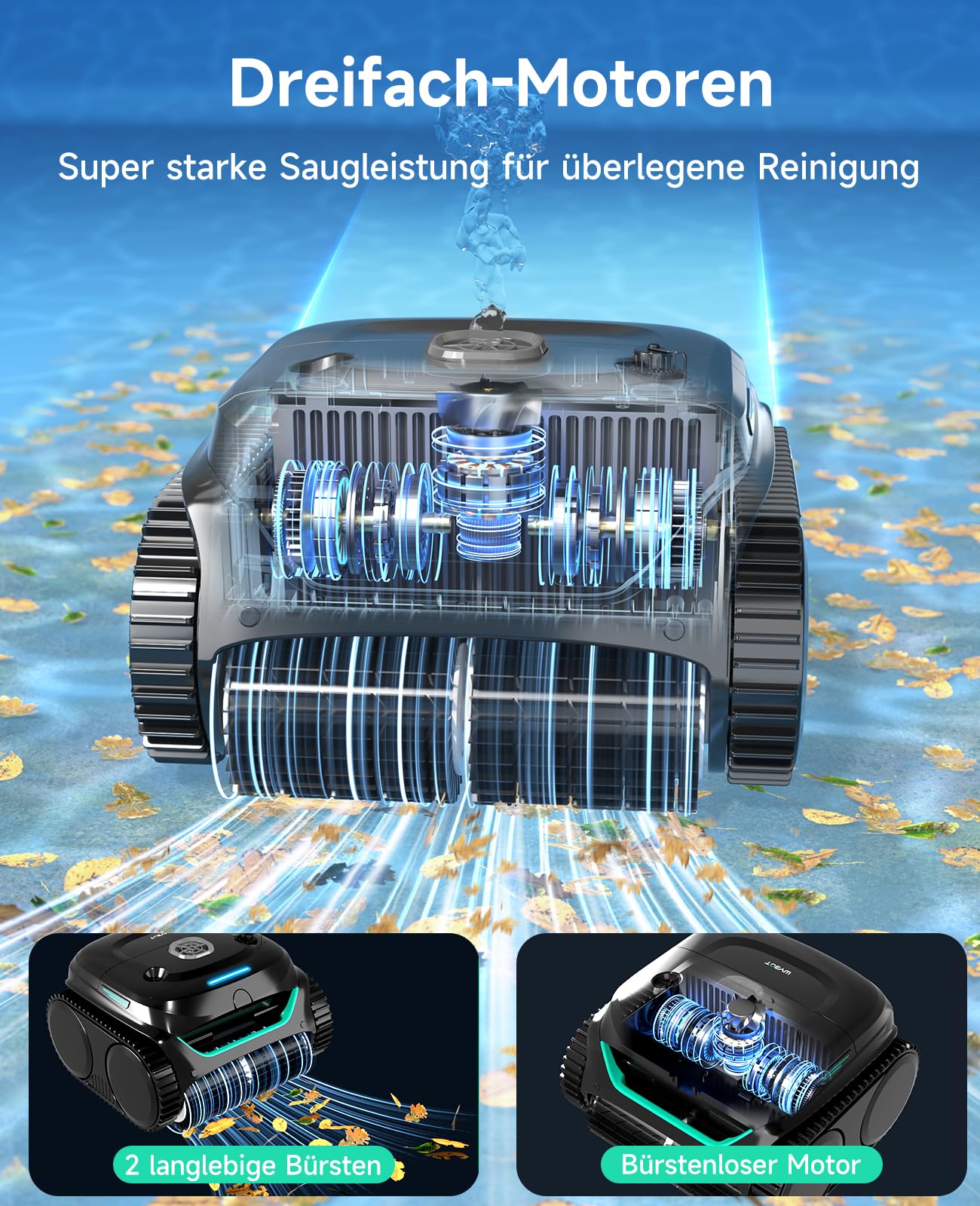 WYBOT C2 – Poolroboter mit Akku, 3 Motoren, 180 Min Laufzeit, Doppelfilter, App, Reinigt Boden, Wand & Wasserlinie bis 150 m²