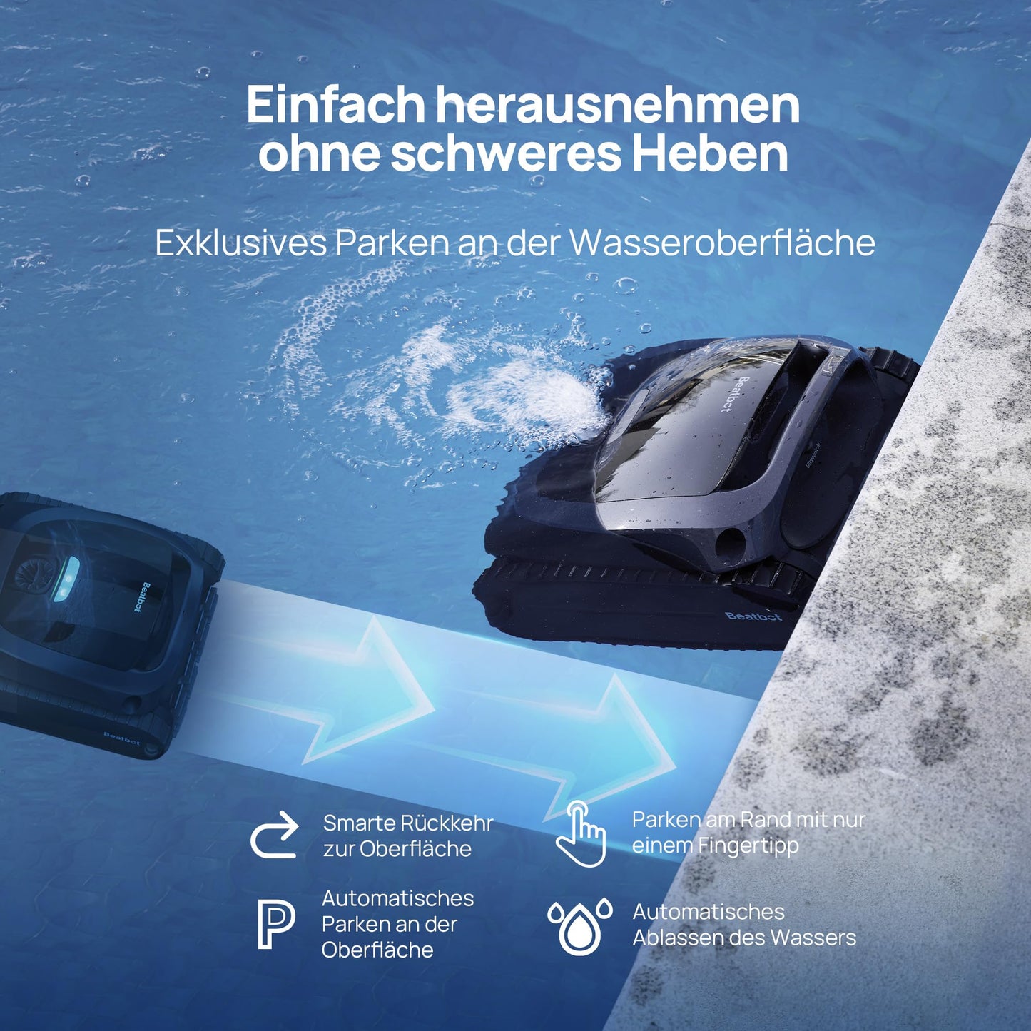 Beatbot AquaSense 2 – Kabelloser Poolroboter, Parkfunktion, Wand- & Bodenreinigung, Doppelte Wasserlinie, Für Pools bis 300 m²