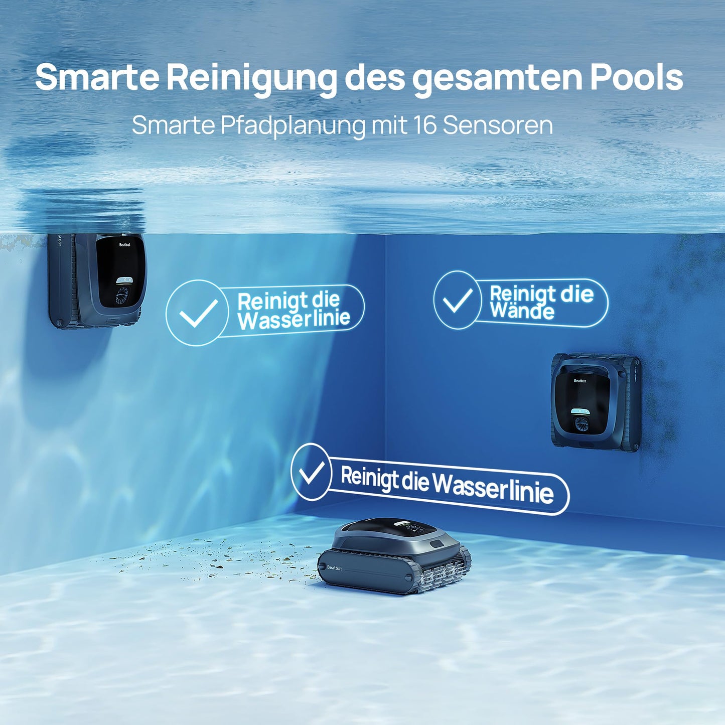 Beatbot AquaSense 2 – Kabelloser Poolroboter, Parkfunktion, Wand- & Bodenreinigung, Doppelte Wasserlinie, Für Pools bis 300 m²