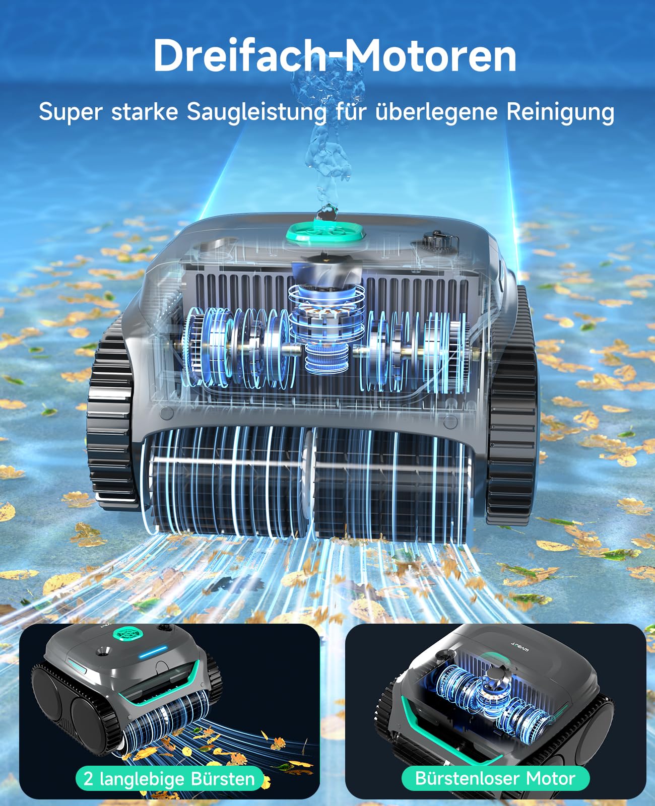 WYBOT C2 – Poolroboter mit Akku, Boden & Wand, Für Einbaupools bis 150 m², 3 Motoren, Doppelfilter, 181 Min Laufzeit, App-Steuerung