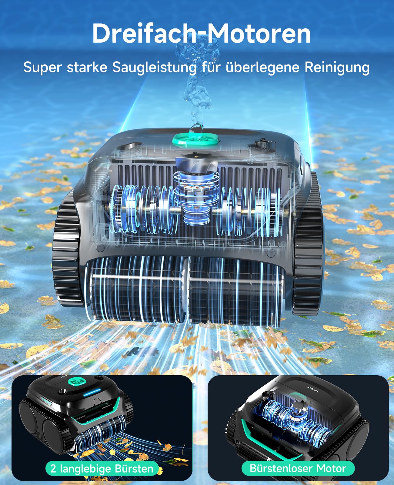 WYBOT C2 – Poolroboter mit Akku, Boden & Wand, Für Einbaupools bis 150 m², 3 Motoren, Doppelfilter, 183 Min Laufzeit, App-Steuerung