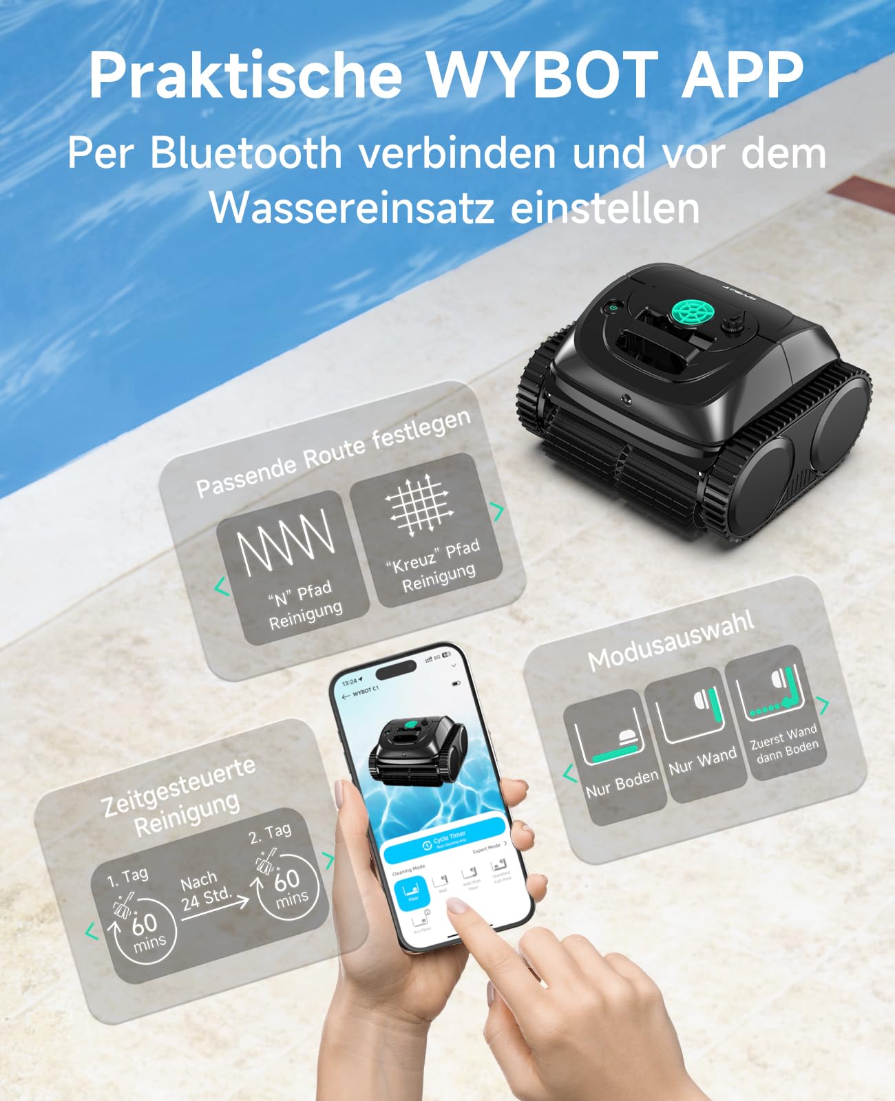 WYBOT C1 – Kabelloser Poolroboter, 150 Min Laufzeit, Intelligente Routenplanung, Reinigt Boden, Wand & Wasserlinie bis 150 m²