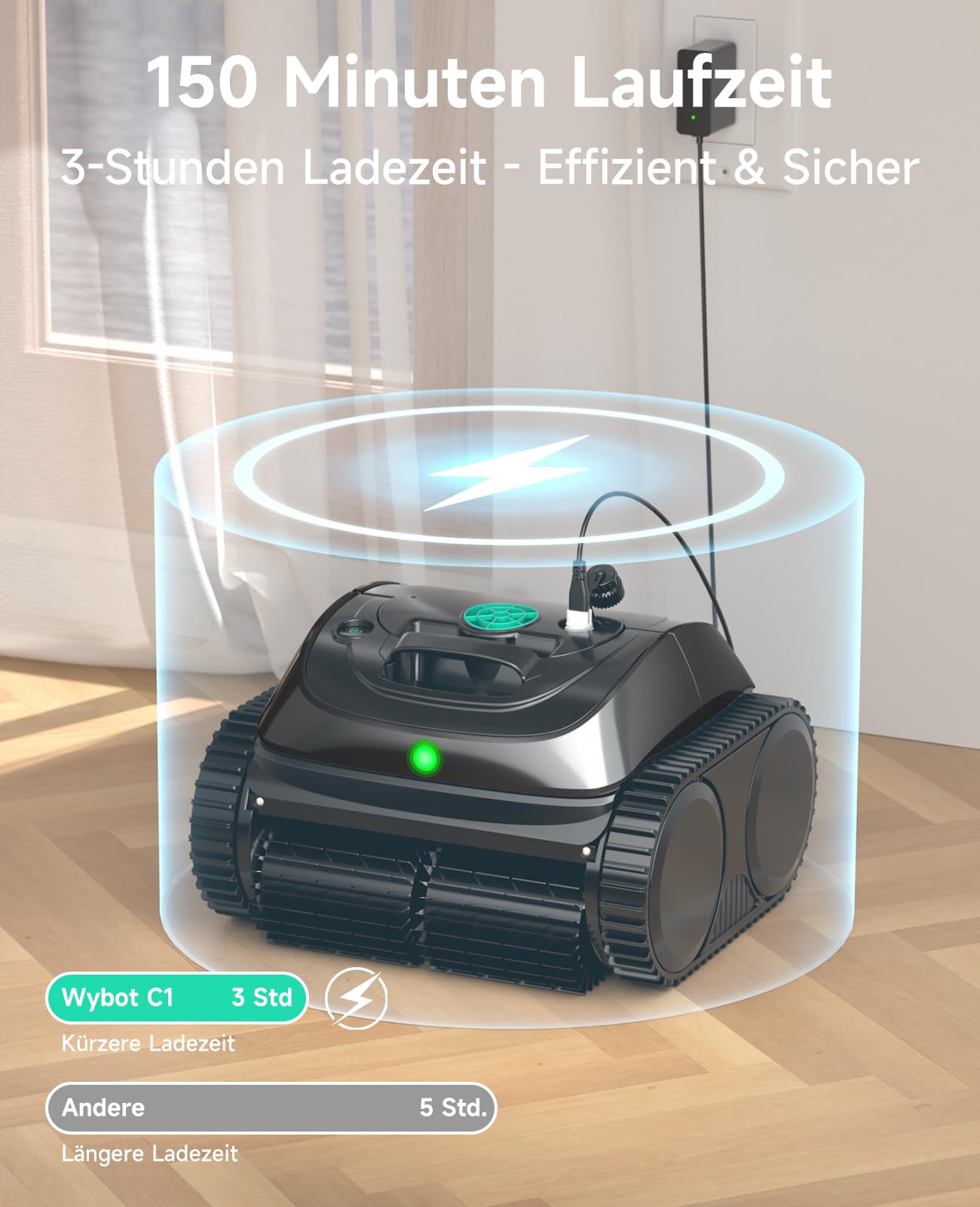 WYBOT C1 – Kabelloser Poolroboter, 150 Min Laufzeit, Intelligente Routenplanung, Reinigt Boden, Wand & Wasserlinie bis 150 m²