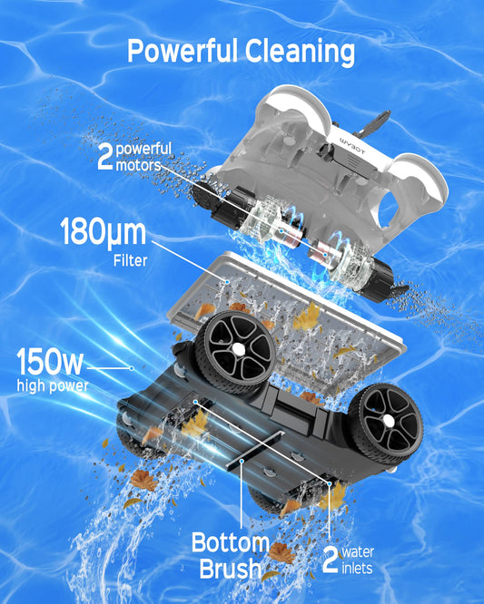 WYBOT Grampus 400 – Poolroboter mit 150W Saugkraft, 2 Motoren, 3 Modi, Einstellbare Düsen, Für Flachbodenpools