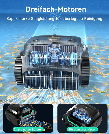 WYBOT C2 – Poolroboter mit Akku, 3 Motoren, 180 Min Laufzeit, Doppelfilter, App, Reinigt Boden, Wand & Wasserlinie bis 150 m²